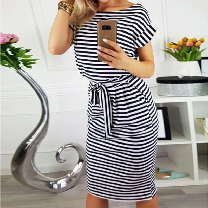 New Summer Casual Short Sleeve O-Neck Striped Oversize Women Dresses Slim Bodycon Dress Female Solid Pockets Midi Cotton Dress New Summer Casual Short Sleeve O-Neck Striped Oversize Women Dresses Slim Bodycon Dress Female Solid Pockets Midi Cotton Dress
